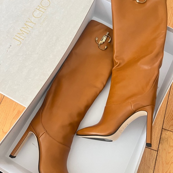 Jimmy Choo Shoes - Jimmy Choo Tan Leather Mahesa 100 Knee Length Boots Size35